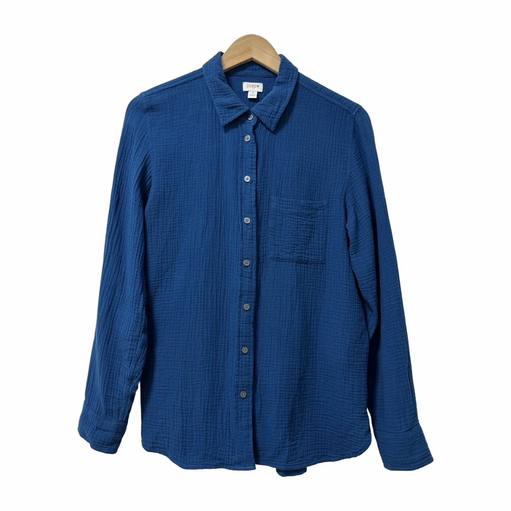 J Crew Womens Gauze Button Up Shirt Size M Blue Lightweight Beach Resort Vacay